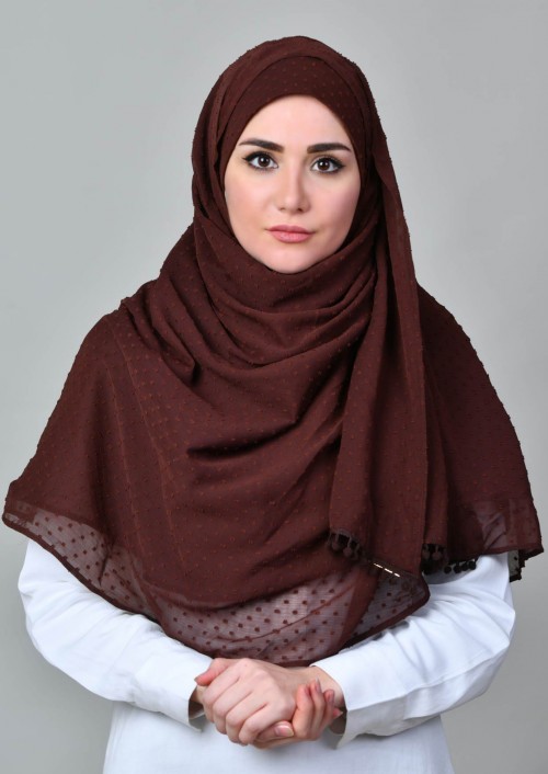 Choco-Plain With Pompoms Crinkled Butti Chiffon